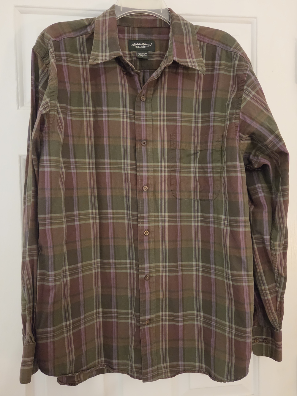 Eddie Bauer Vintage Olive and Plum Plaid Long-Sleeve Button-Down Shirt